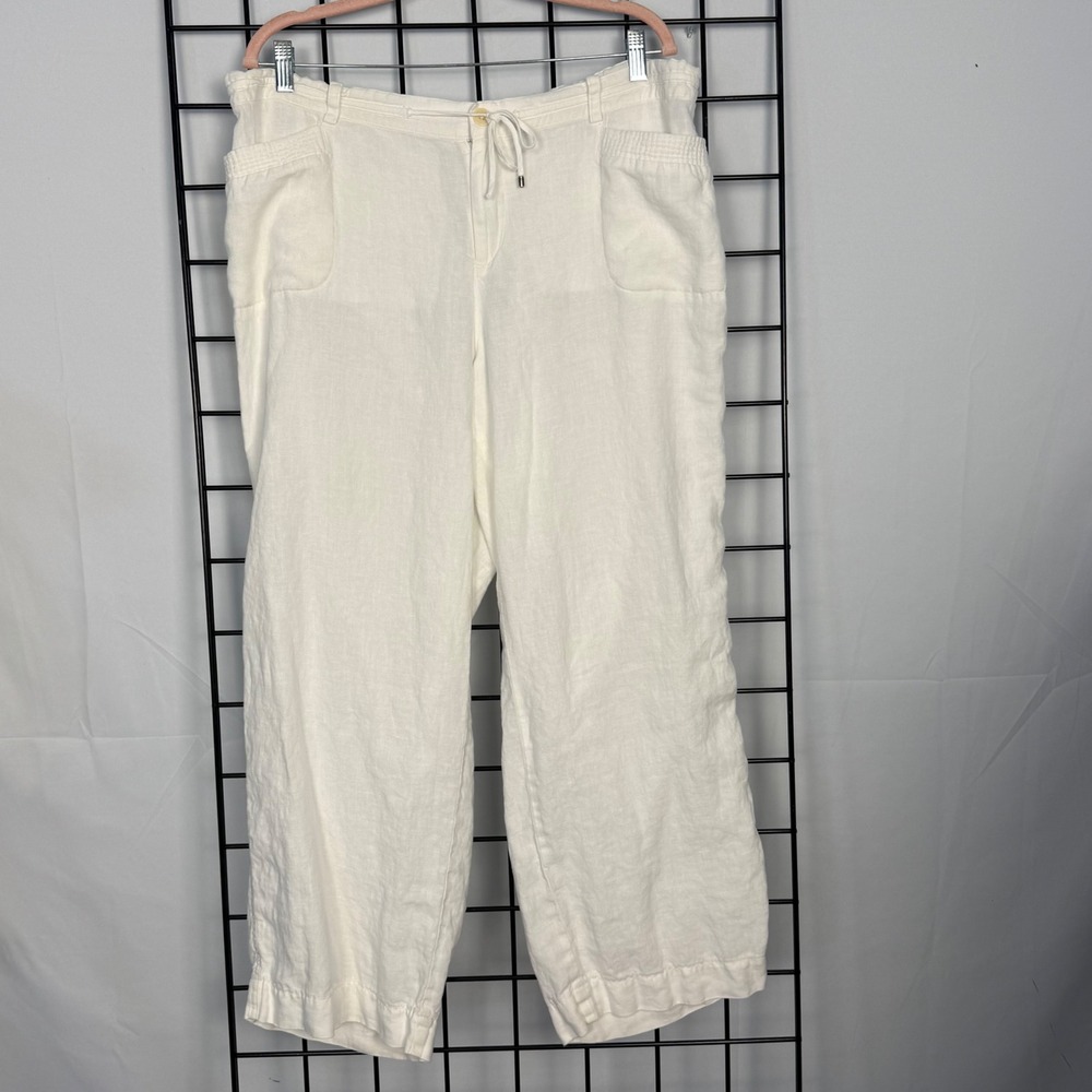 Lauren Ralph Lauren Pants Womens 16W White 100% Linen Wide Leg Drawstring Casual